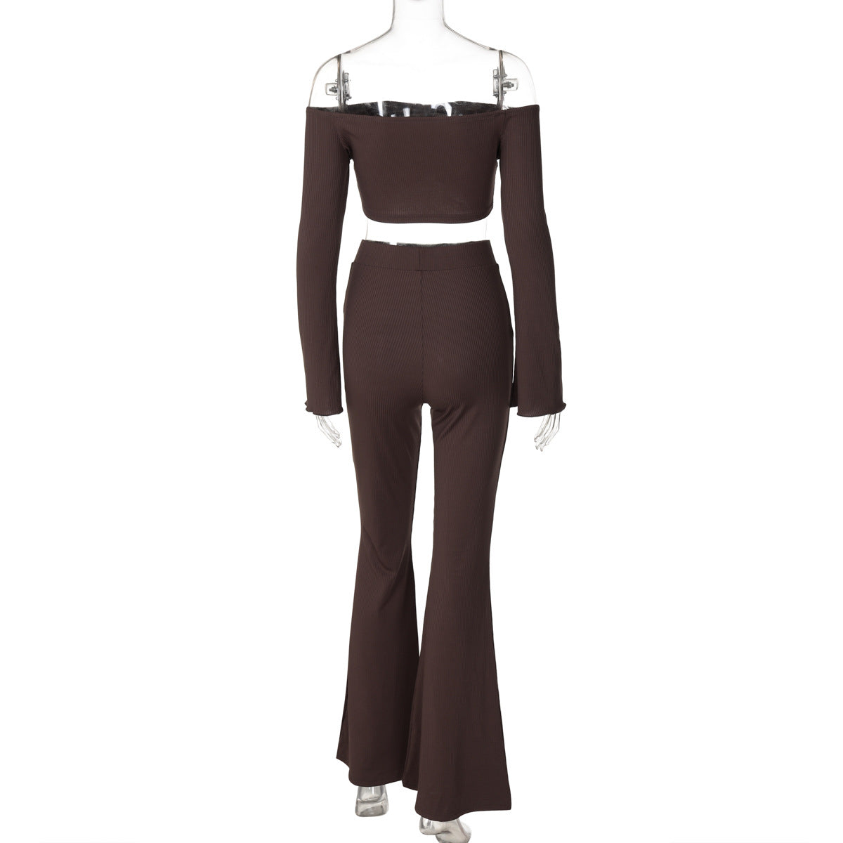 Women Off Shoulder long-sleeved Top Bell Bottom Pant two-piece set 9