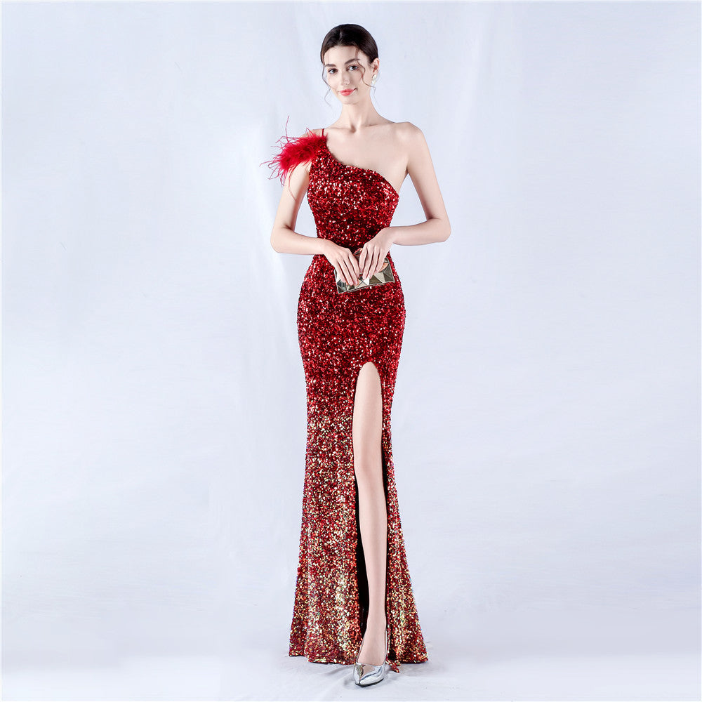 Women Gradient Velvet Bottom Beaded Ostrich Feather One Shoulder Slash Shoulder Slit Evening Dress 6