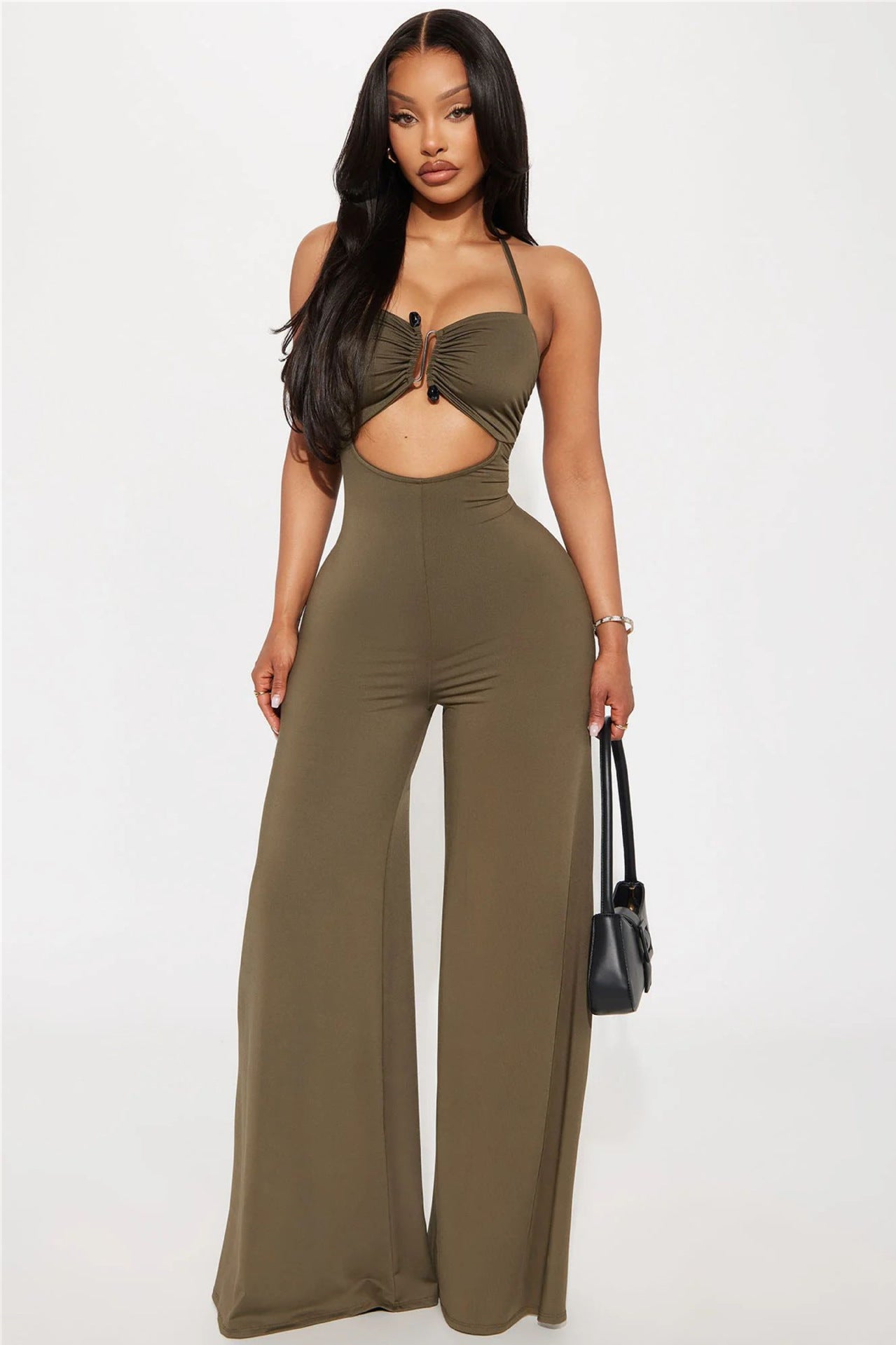 Women Solid Halter Neck Metal Backless Cutout Jumpsuit 4
