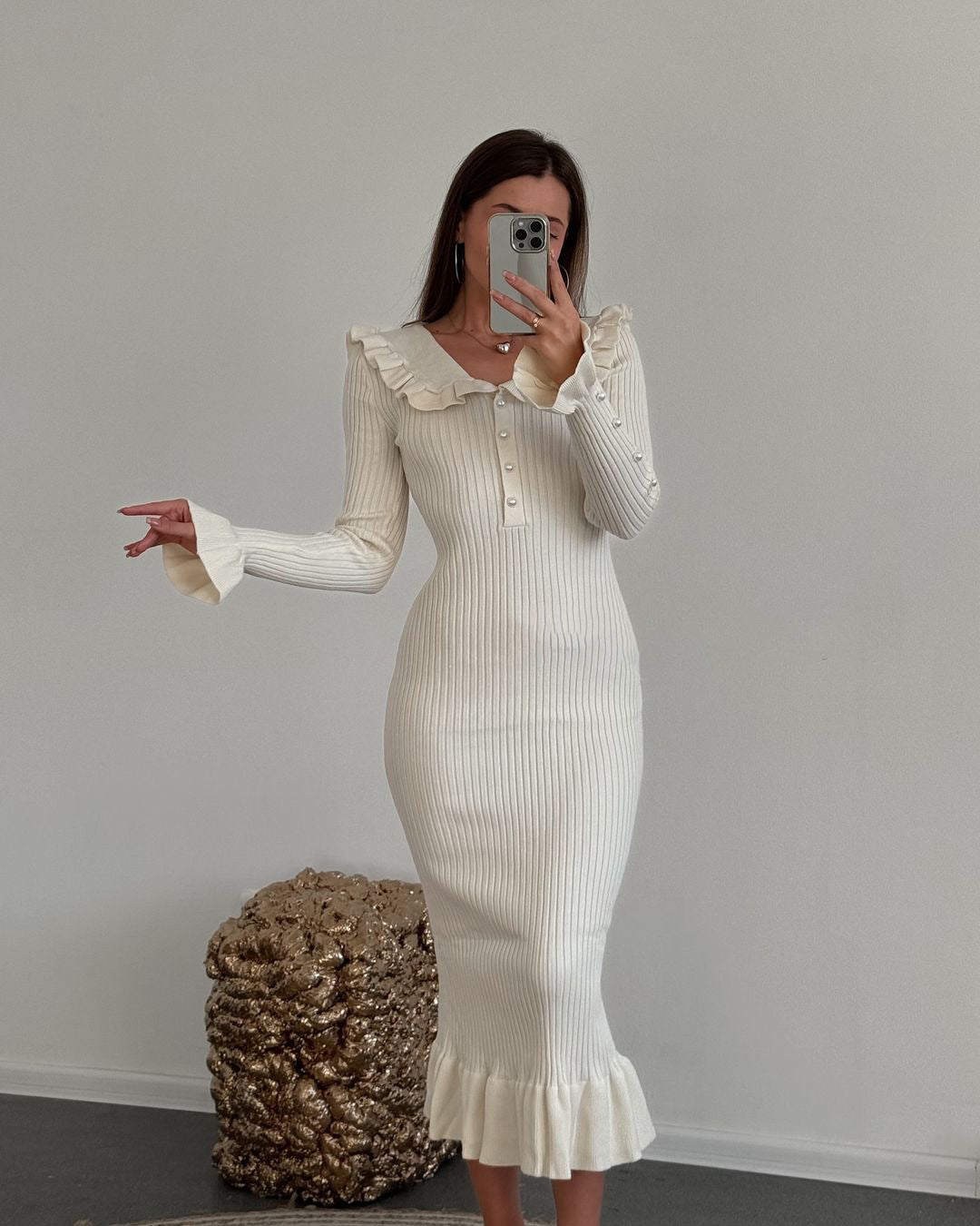 Women Autumn Retro Contrast Peter Pan Collar Ruffle Knitting Dress 7