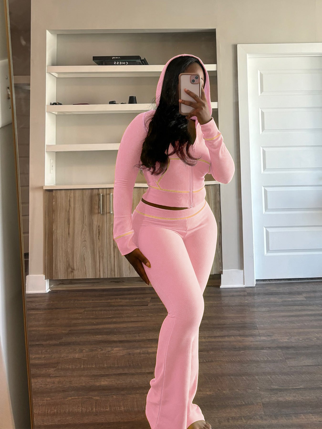 Women's Waffle texture hooded Bell Bottom Casual two piece pants set 6