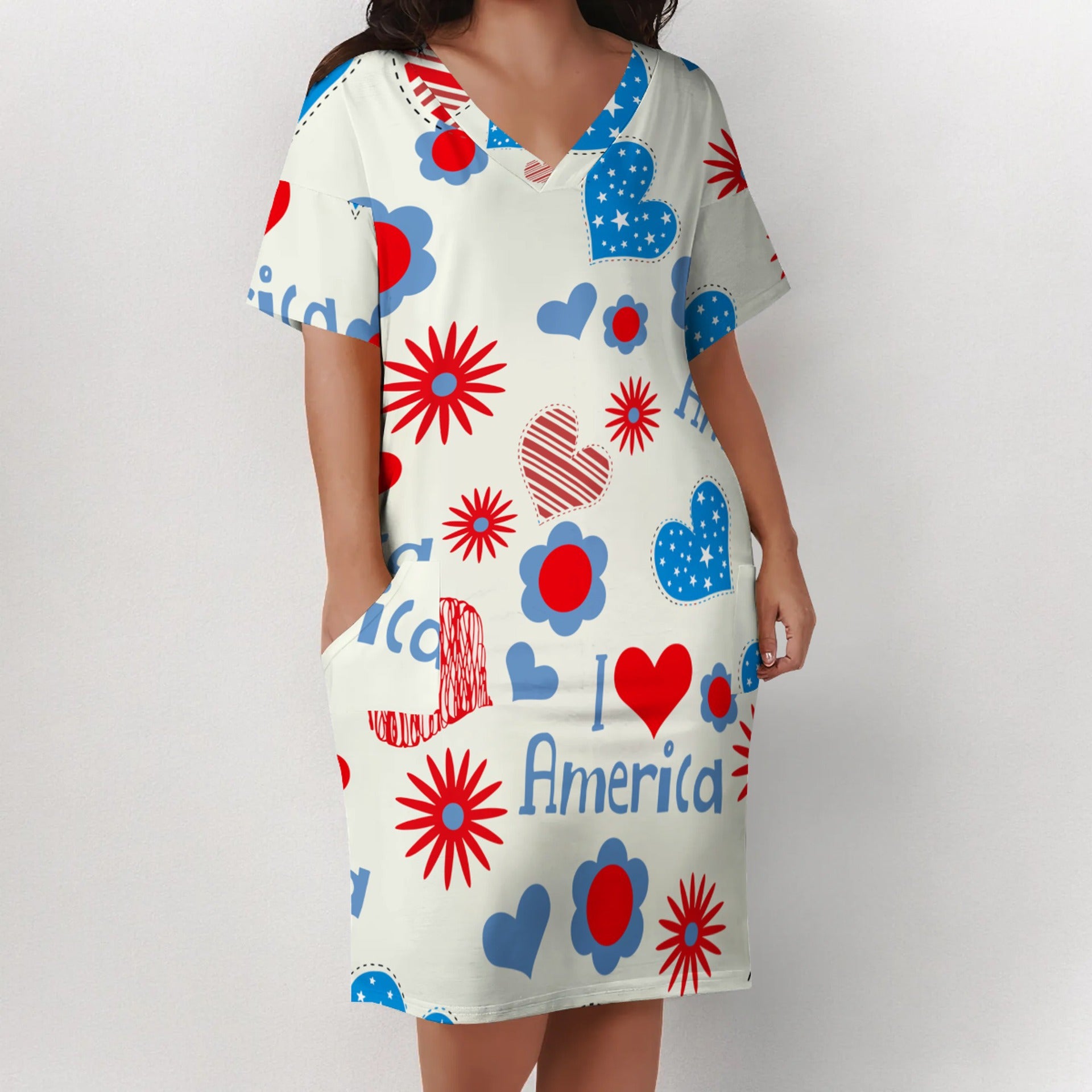 Plus Size Women American Flag V-Neck Pocket Loose Dress 6