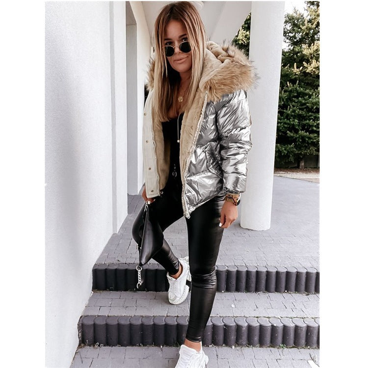 Women Winter Hooded Loose Crop Solid Warm Zipper Padded Jacket 4