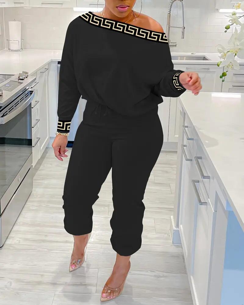 Sexy Contrast Patchwork Print Slash Shoulder Long Sleeve Two-Piece Pants Set 3