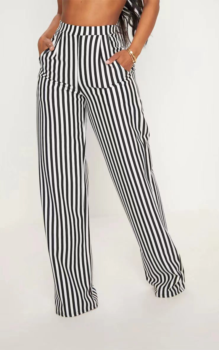 Women Black Stripe Print Straight Casual Wide Leg Pants 6