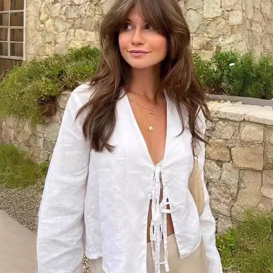 Women's Deep V Bell Bottom Sleeve Lace-Up Tops