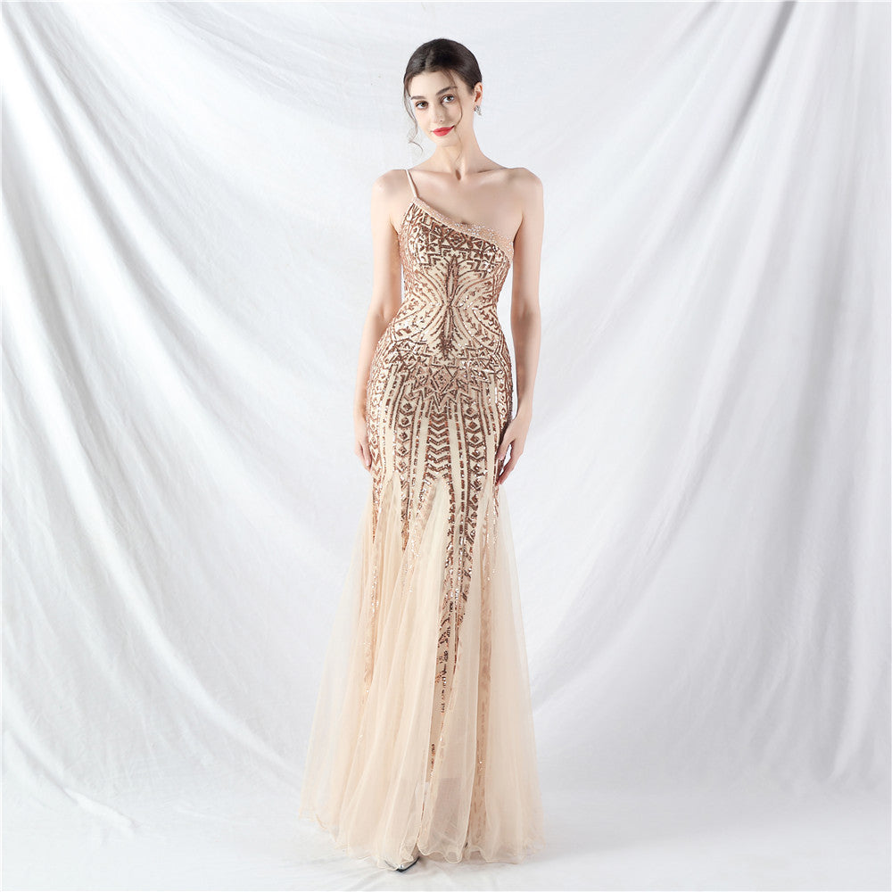 Sexy One Shoulder Sequins Mesh Patchwork Evening Dress 19