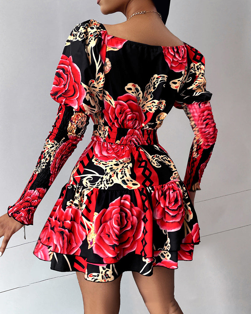 Women floral print V-neck puff sleeve dress