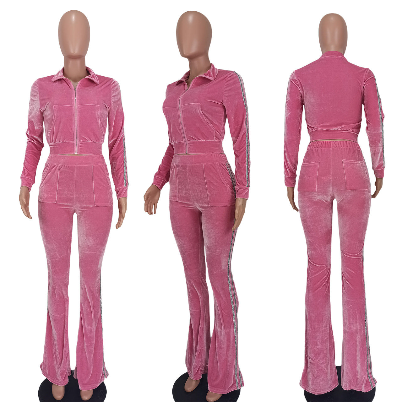 Women's Solid Velvet Casual Zip Top Wide Leg Pants Two Piece Tracksuit 61