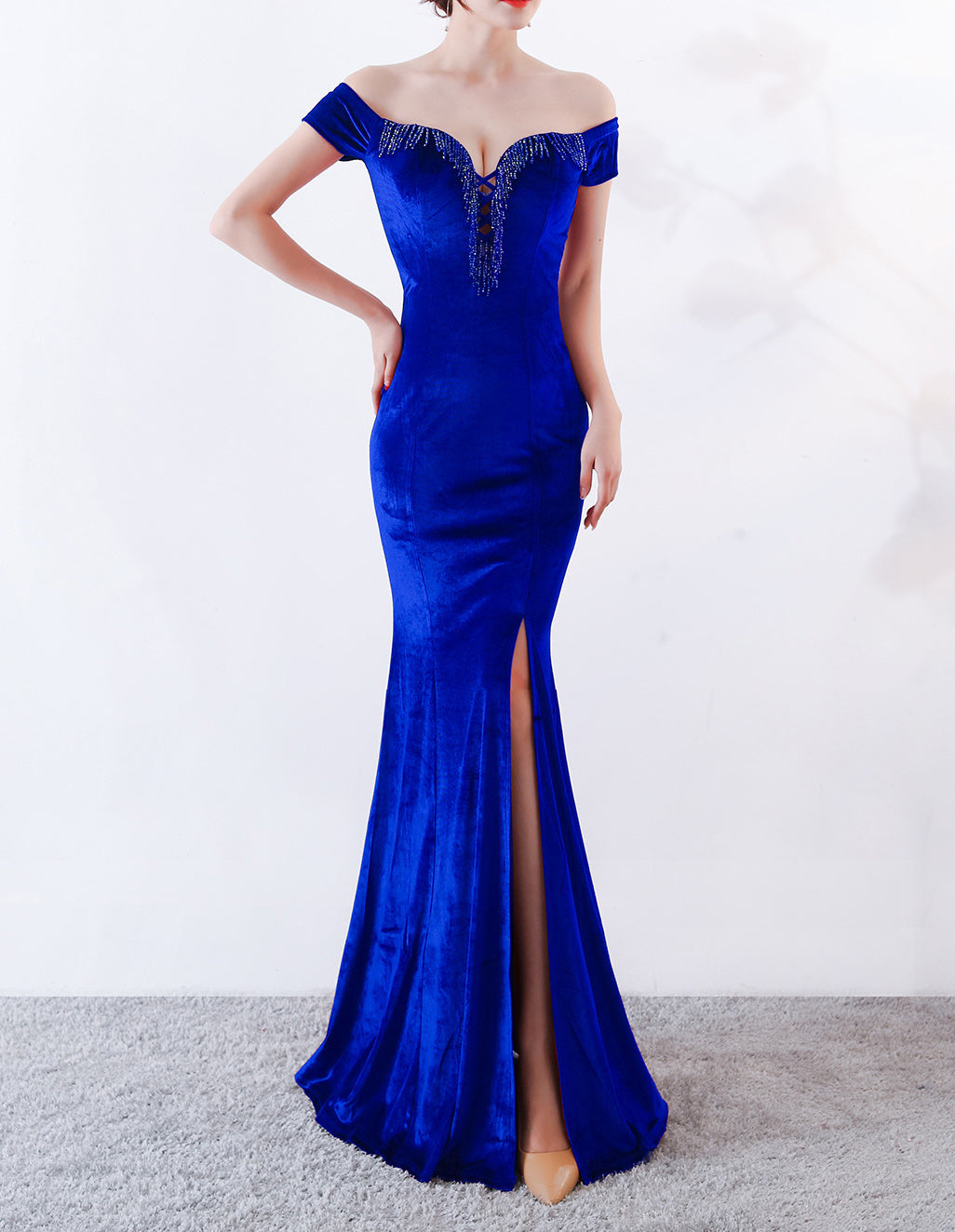 sexy off shoulder mermaid long velvet Formal Party evening dress 7