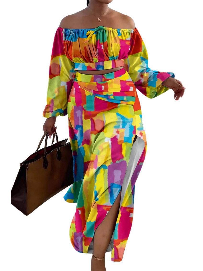 Fall Casual Print Off Shoulder Long Sleeve Slit Holidays Maxi Skirt Two-Piece Set 12