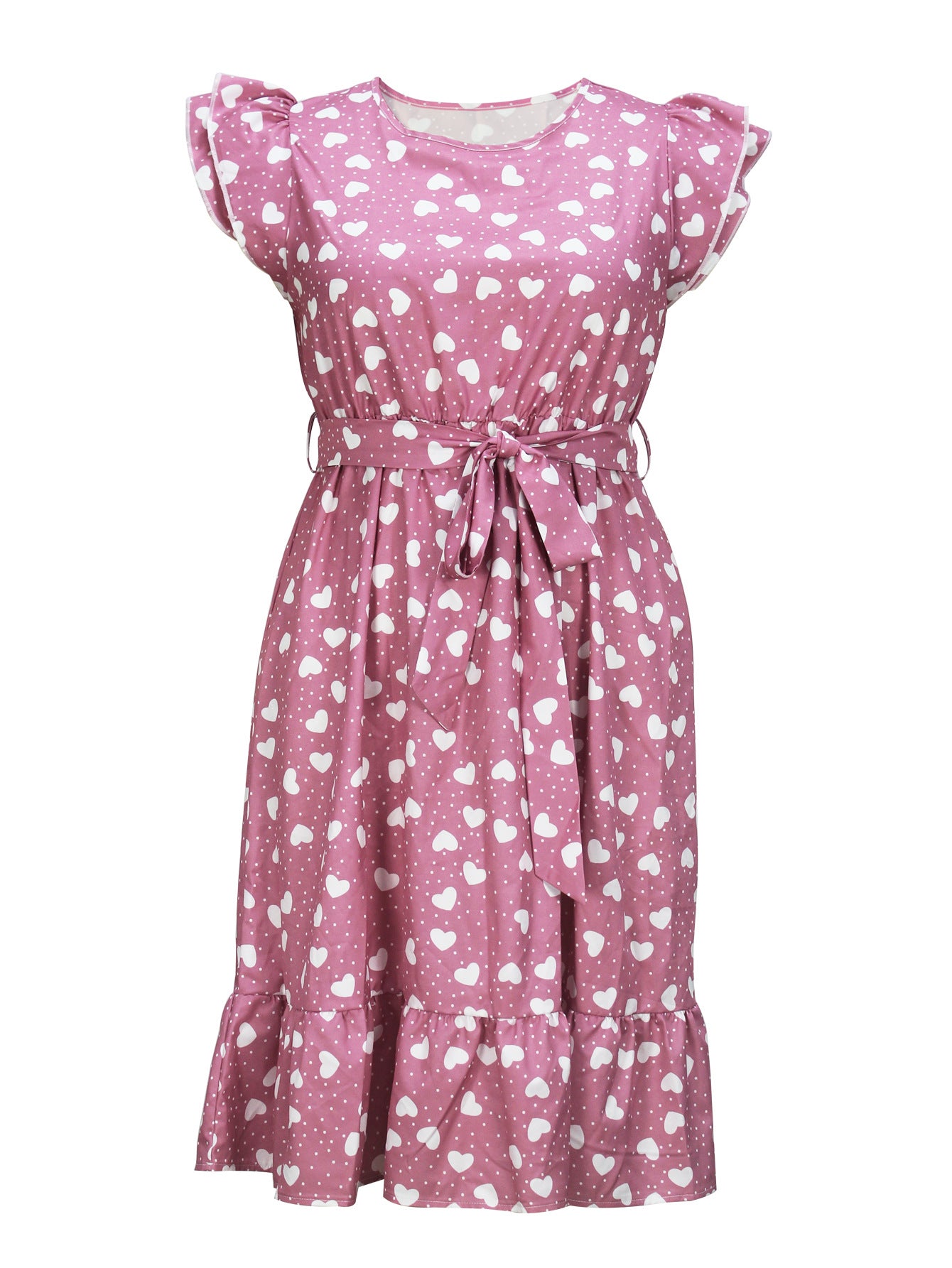 Women's Plus-Size Fashion Elegant Round-Neck Belted Heart Print Flying Sleeves Dress 5