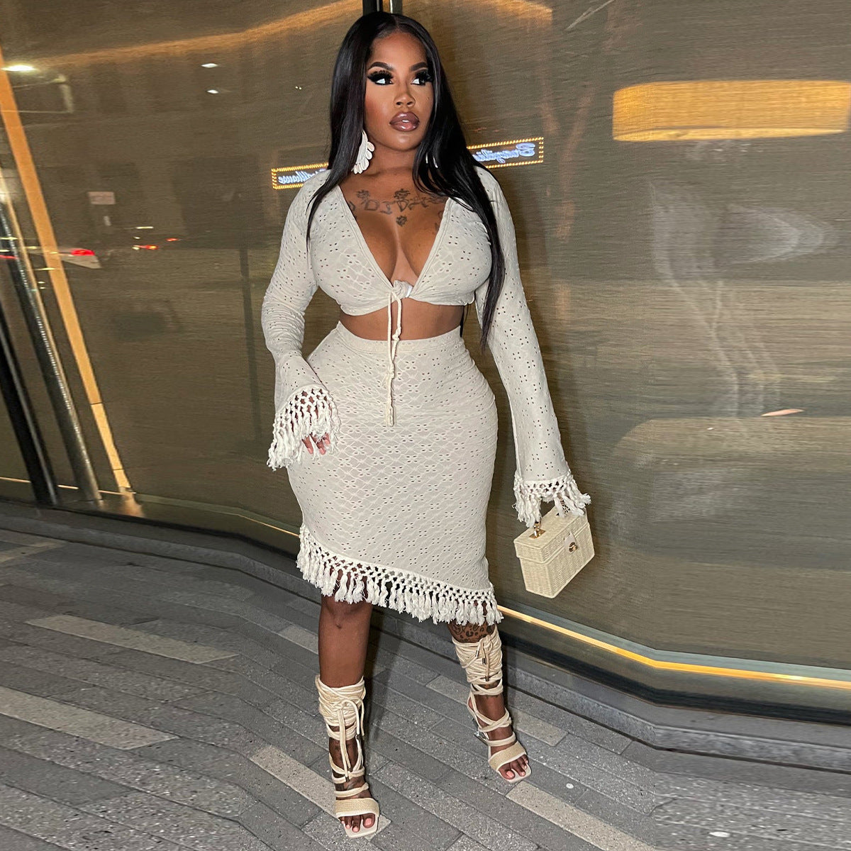 Women Sexy Tassel Long Sleeve Top and Skirt Two-Piece Set 5