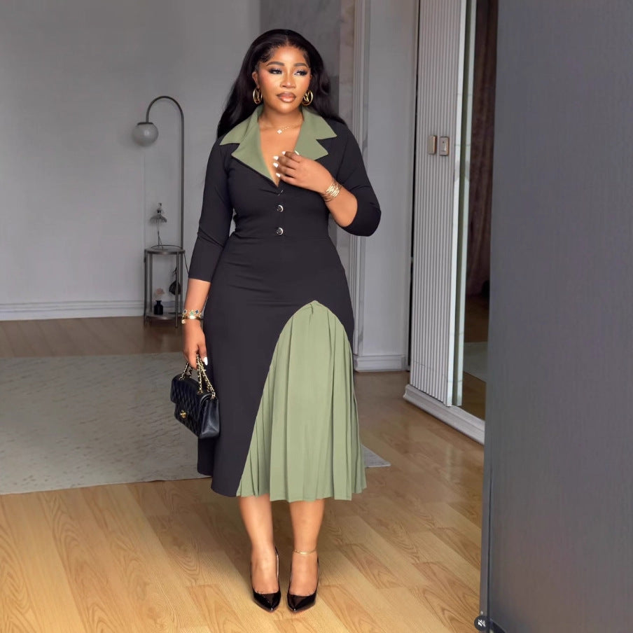 Elegant Career Turndown Collar Slim Waist Color Block Patchwork Pleated Dress 5