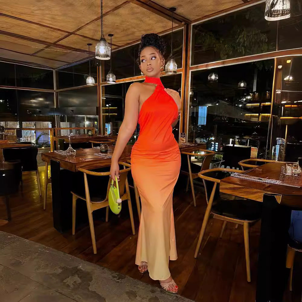 Summer Sexy Halter Neck Slash Shoulder Low Back Gradient Bodycon Dress 5