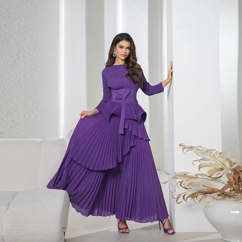 Women Solid irregular lace pleated Top and Skirt two-piece set 8