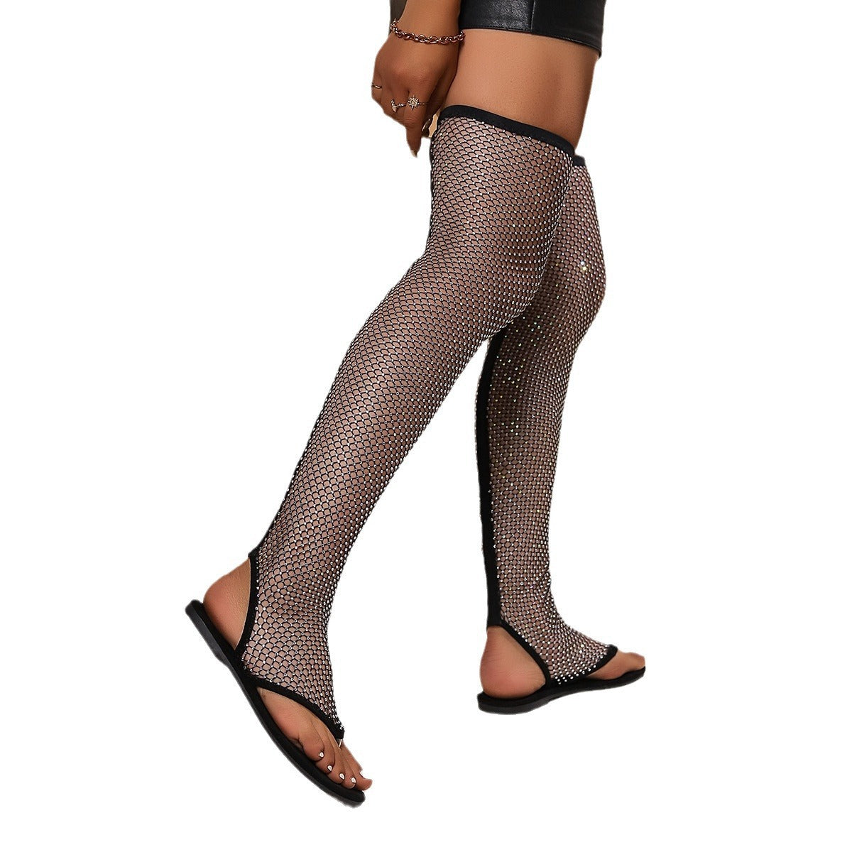 Summer Plus Size Women's Flip-Toe Mesh Rhinestone Over-The-Knee High Sexy Sandals 7