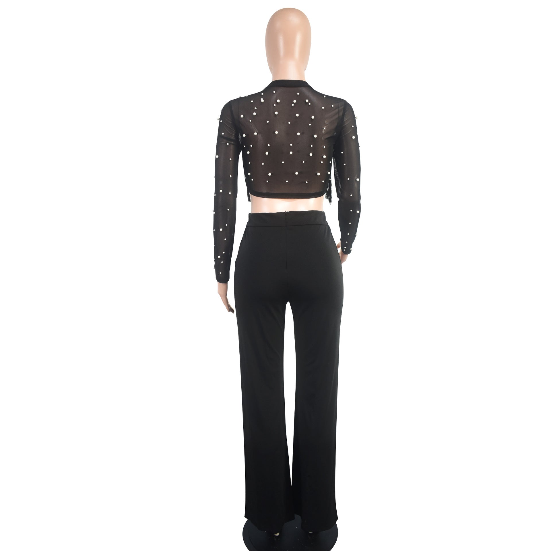 Women summer solid round neck polka dot mesh crop top and trousers two-piece suit 7