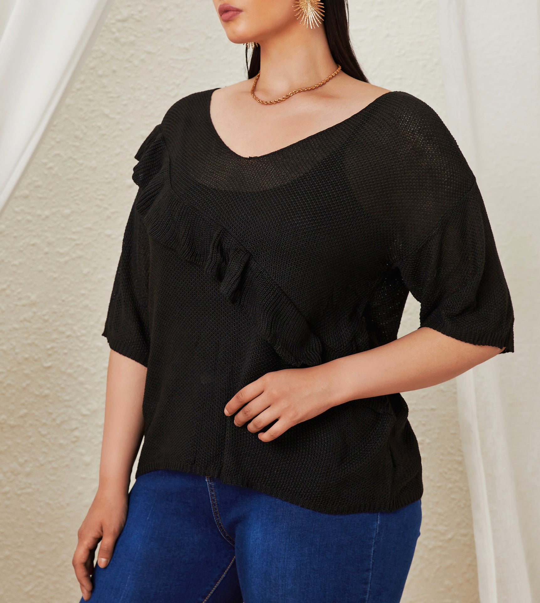 Plus Size Women Quarter Sleeve Top Ruffled Loose Sweater 7