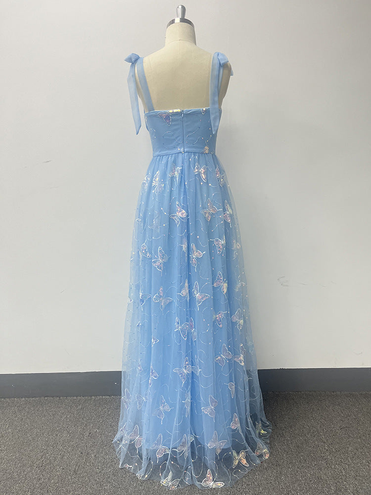Tie Strap Evening Dress A-Line Mesh Butterfly Pattern Embroidered Elegant Birthday Long Party Dress 8