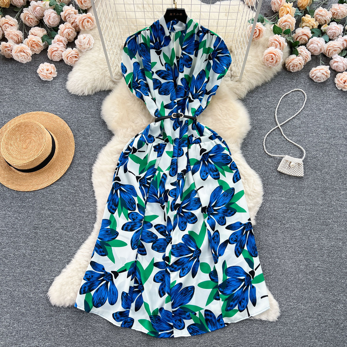 V-Neck Printed Summer Belt Slim Waist Loose Shirt Dress 8