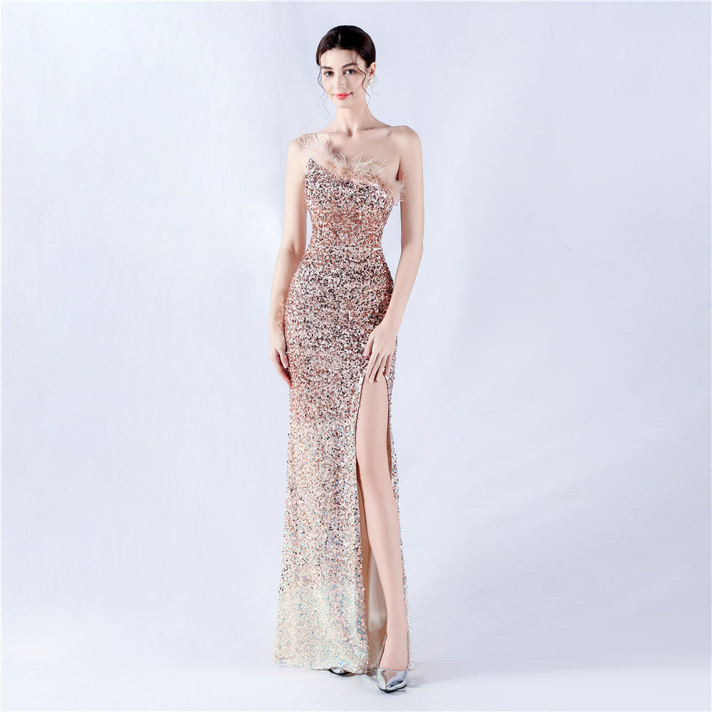 Women Ostrich Feather Beaded Evening Dress 10