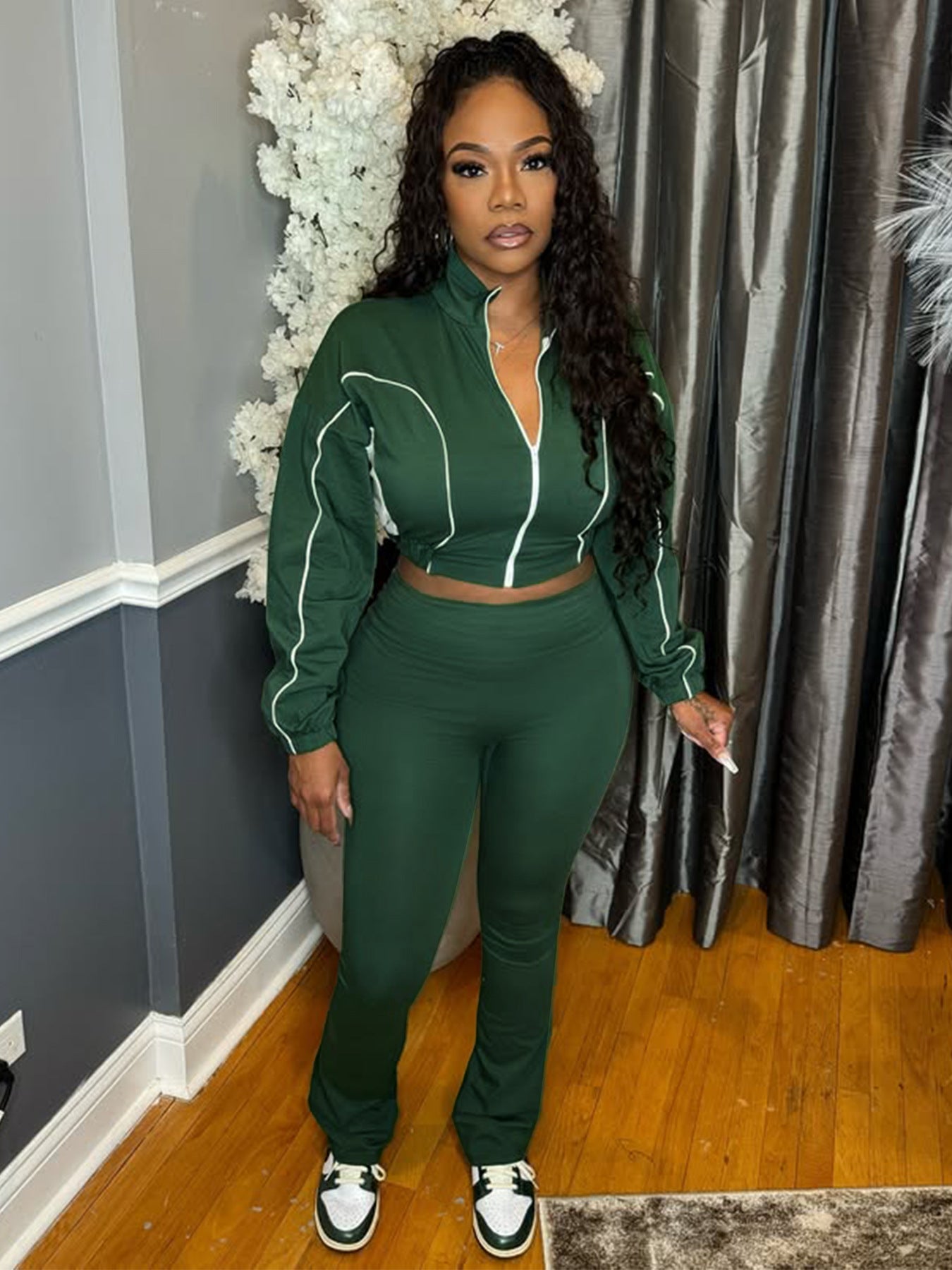 Contrast Zip Patchwork Sport Two Piece Pants Set 3