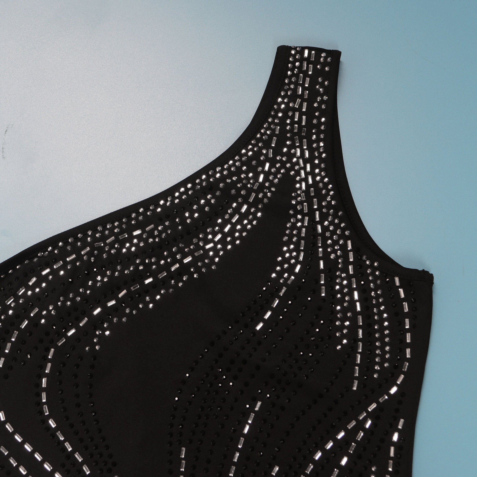 Women Elastic Beaded Sleeveless Slash Shoulder Slit Bodycon Dress 14