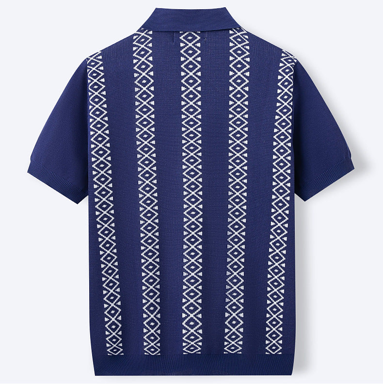 Men's Summer Striped Jacquard Knitting Short Sleeve Polo Top 14