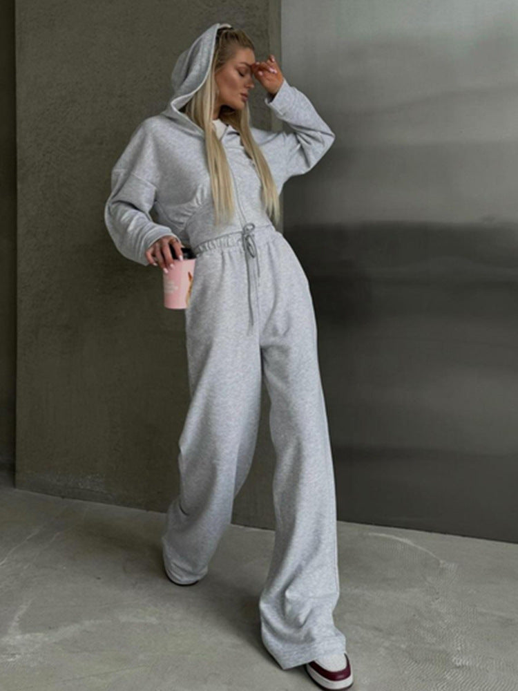 Women Fall Casual Long Sleeve Zipper Hoodies andSolid Lace-up PantsTwo Piece Set 6