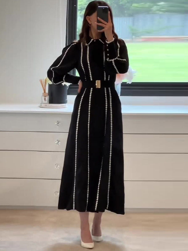 Women Autumn French Lace Turndown Collar Lantern Sleeve Dress 3