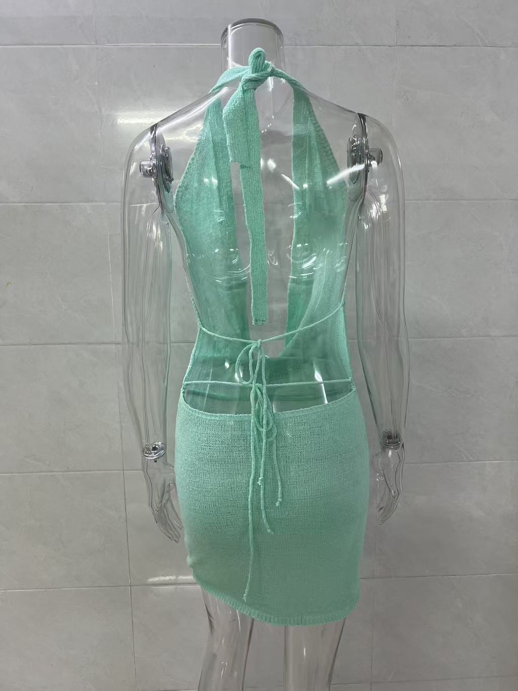 Sexy Low-Back Summer Style Halter Neck Lace-Up Knit Bodycon Mini Dress 10