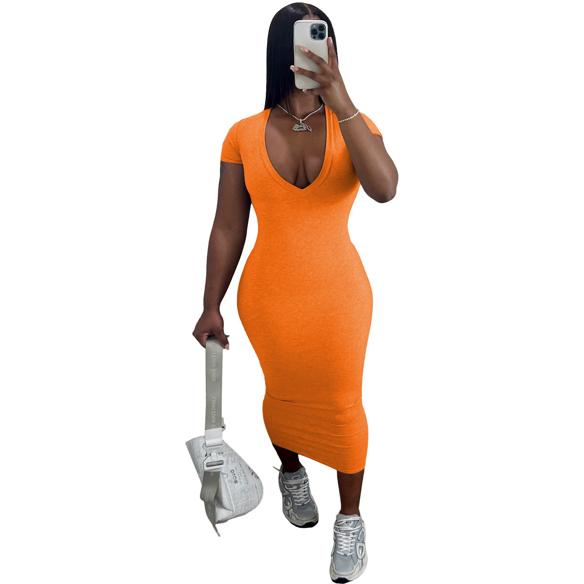 Fashion Solid Color Casual Fashion Sexy Deep V Ribbed Dress 8