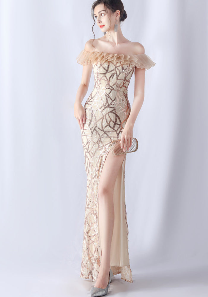 Women sequined ruffle off-the-shoulder Evening Dress