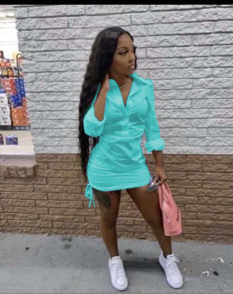 Ladies Solid Deep V Shirt Dress 12