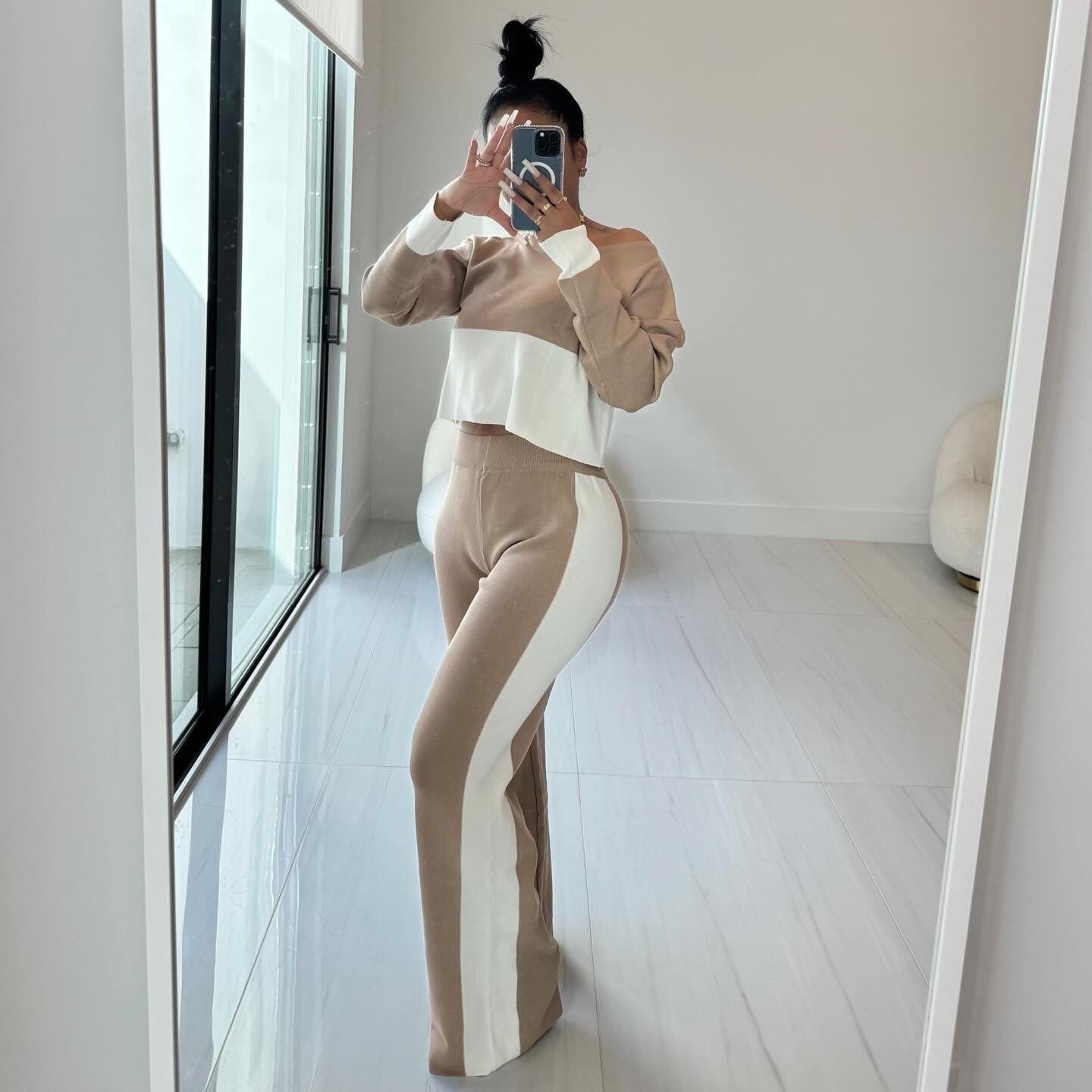 Women's Contrast Color Patchwork Casual Two Piece Pants Set 4