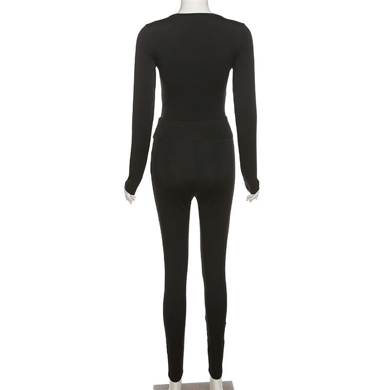 Women Soild Women Long-Sleeved Top and Casual Sports Pants Two Piece Set 7