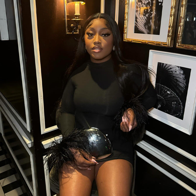 Autumn Solid Color Round Neck Feather Patchwork Slim Sexy Short Dress 3