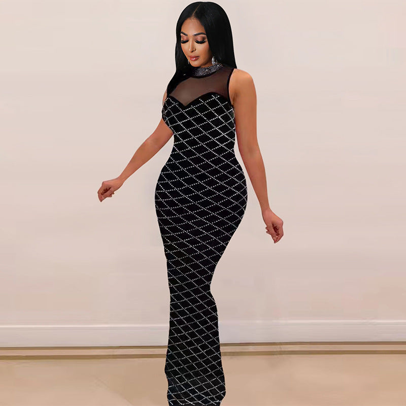 Women solid beaded mesh sleeveless formal party dress