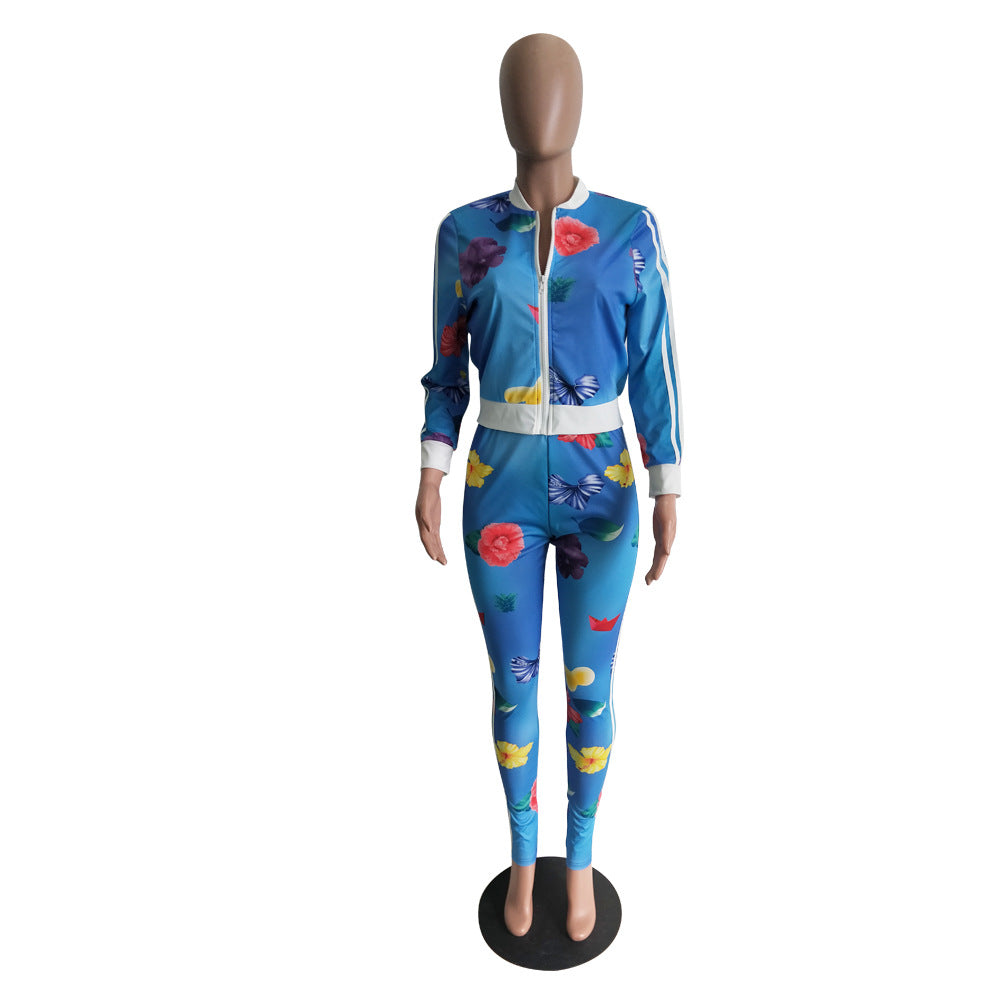 Autumn Printed Stripes Zipper Sports Two Piece Pants Set 4