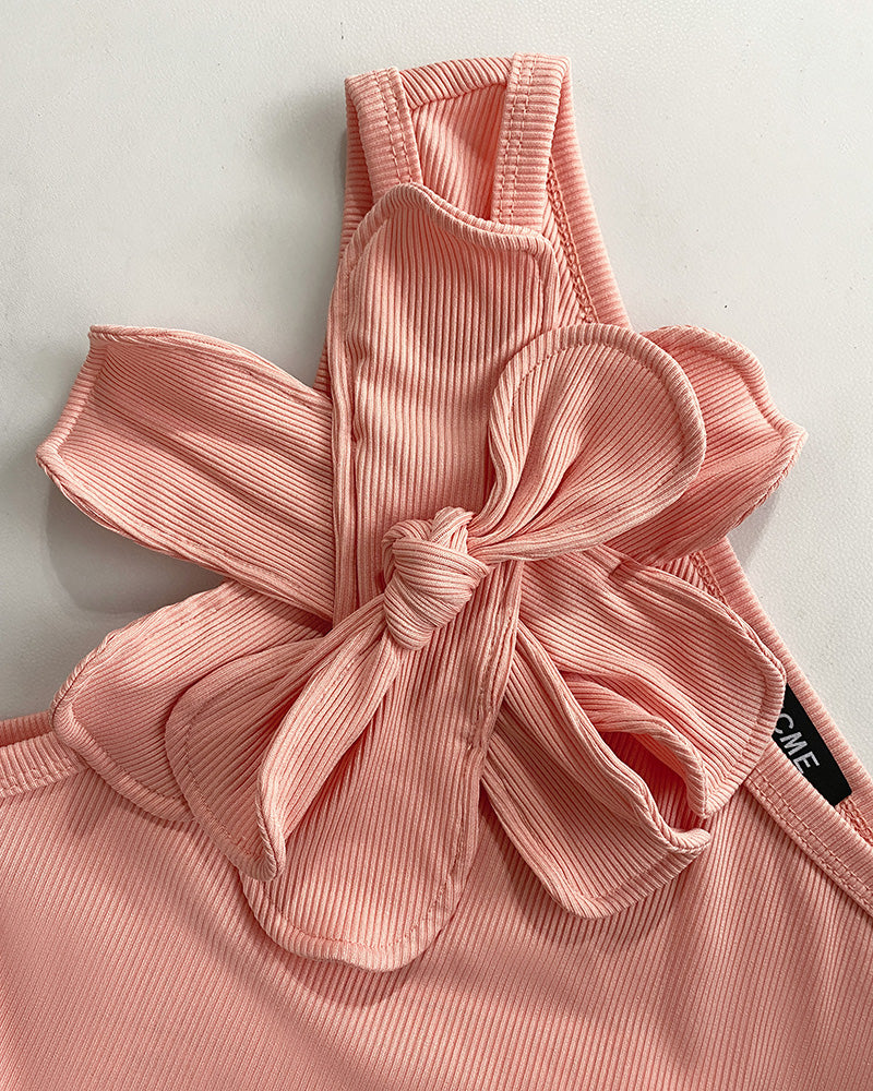 Women Solid Large Flower One-shoulder Top and Skirt Two-piece Set 7