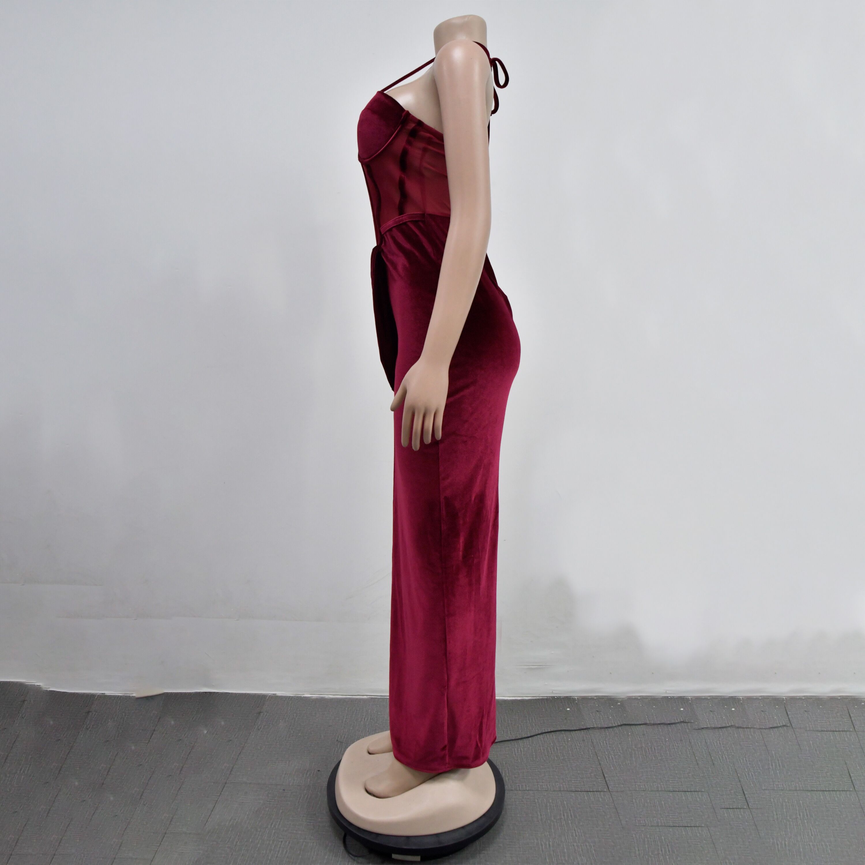 Fashion Women's Solid Color Mesh Straps Slit Long Dress 27