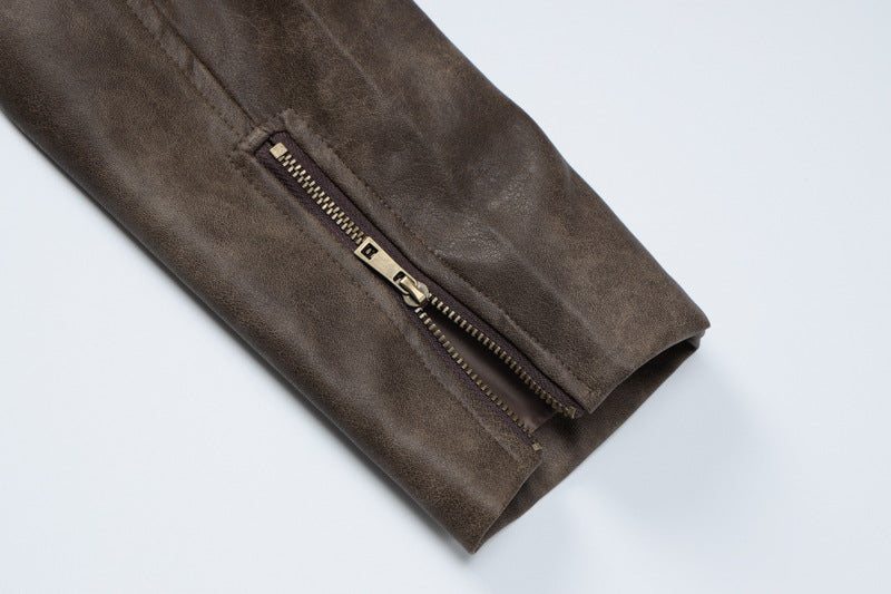 American Retro Distressed Short Jacketversatile Autumn Slim Fit Stand Collar Pu Leather Trendy Clothing 15