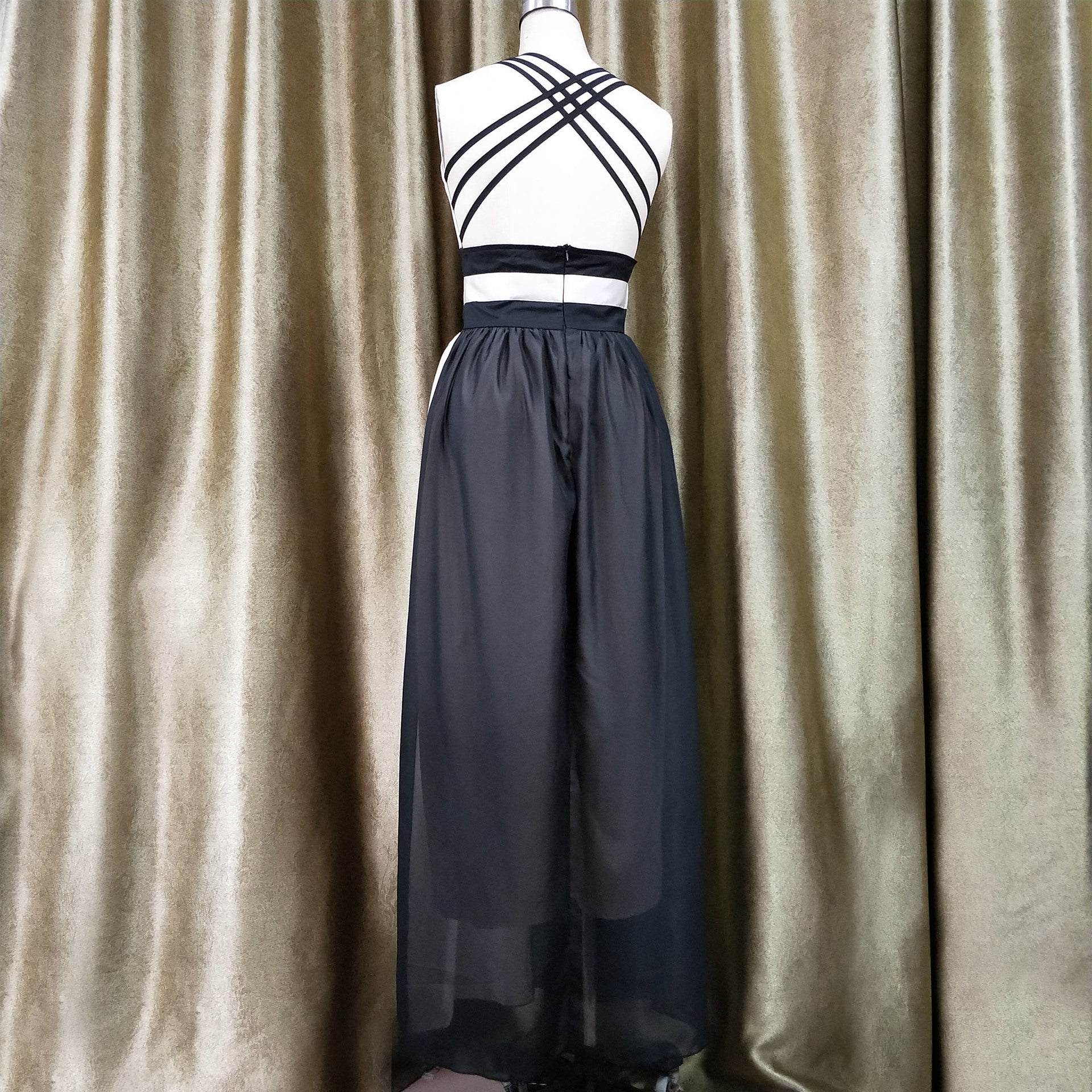 Women'S Chiffon Contrast Sleeveless V-Neck Patchwork Long Evening Dress 7