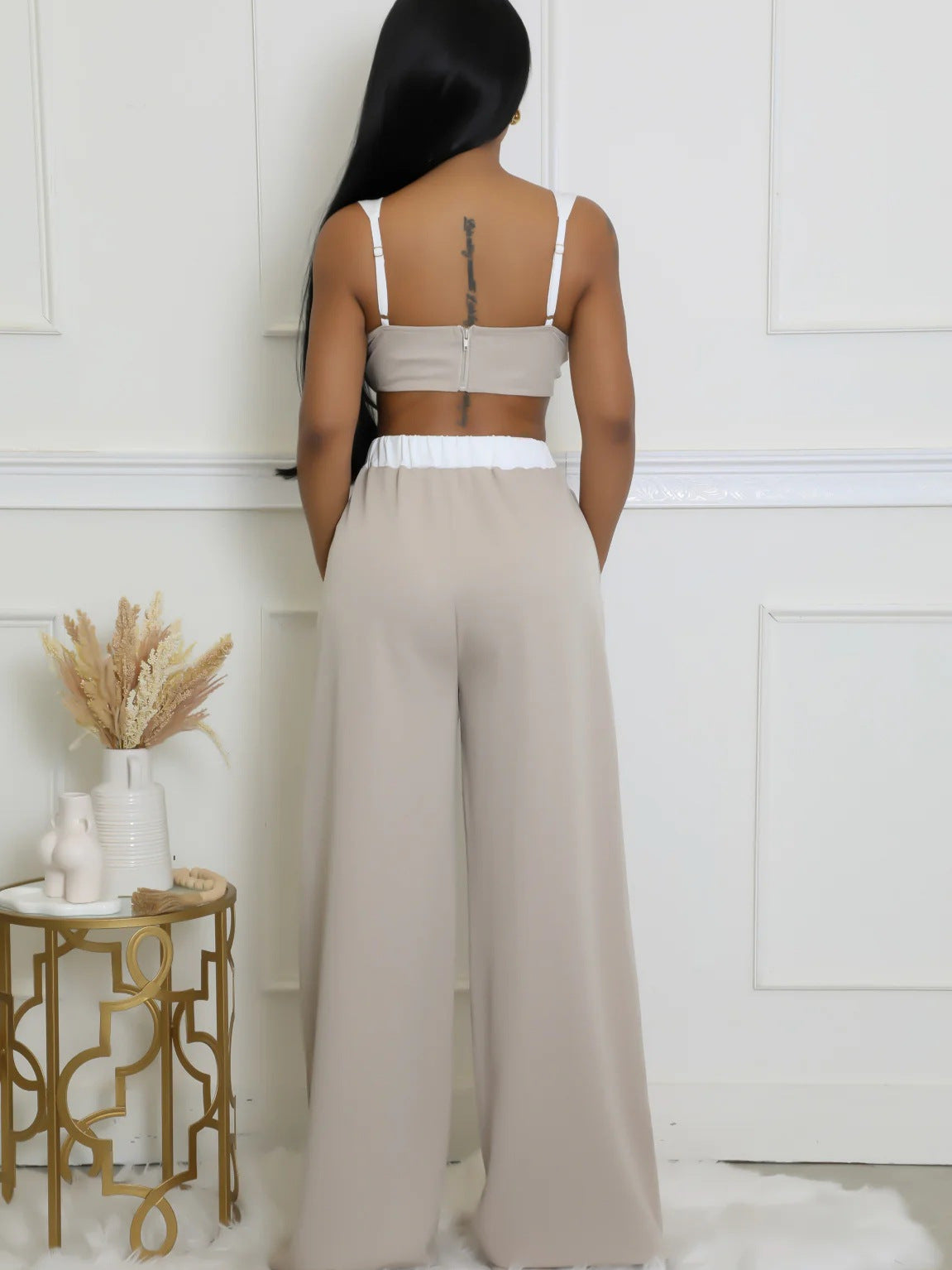 Women's Sleeveless Color-Block High-Waisted Wide-Leg Pants Set 12