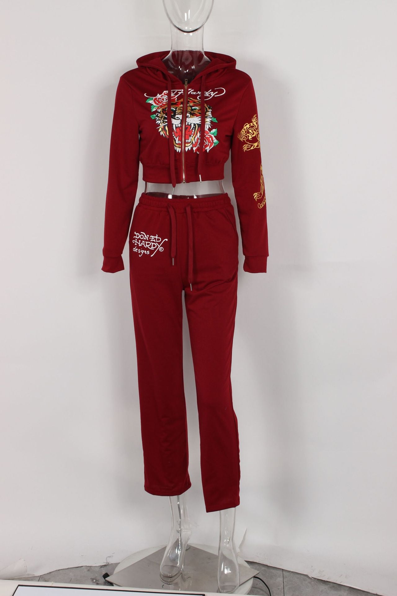 Fashionable street printed zipper short hoodies high waist straight trousers two piece set 20