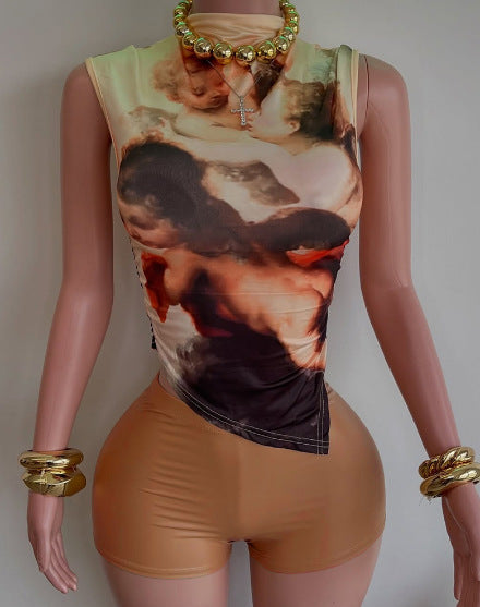 Women Sexy Mesh Print Round Neck Sleeveless Vest Top Two-piece Set 3