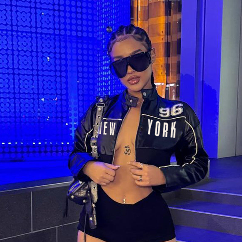 Women American letter print contrast color zipper long sleeve Pu Leather Crop jacket