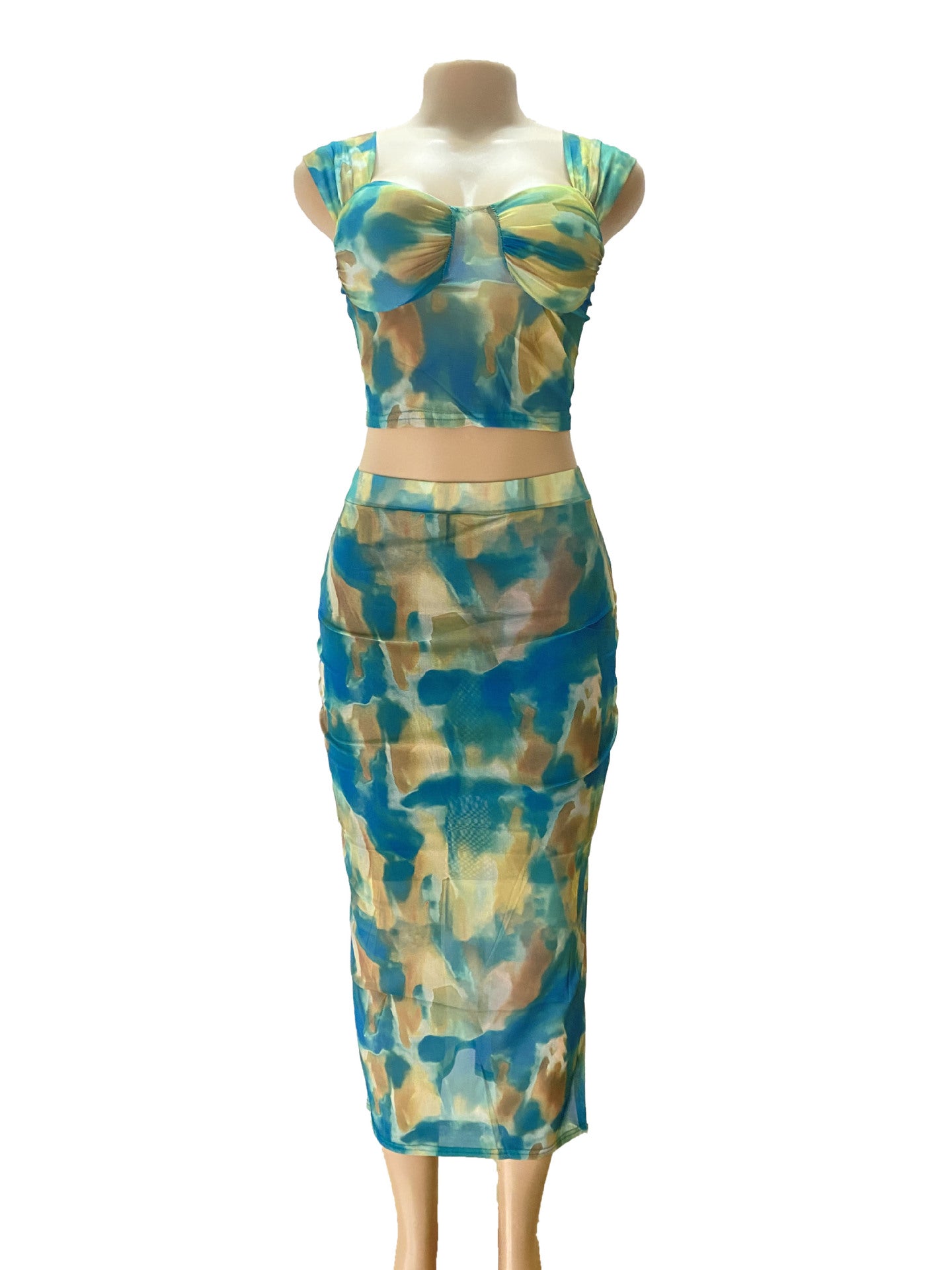 Women Sexy Top and Mesh Print Slit Skirt Two-piece Set 5