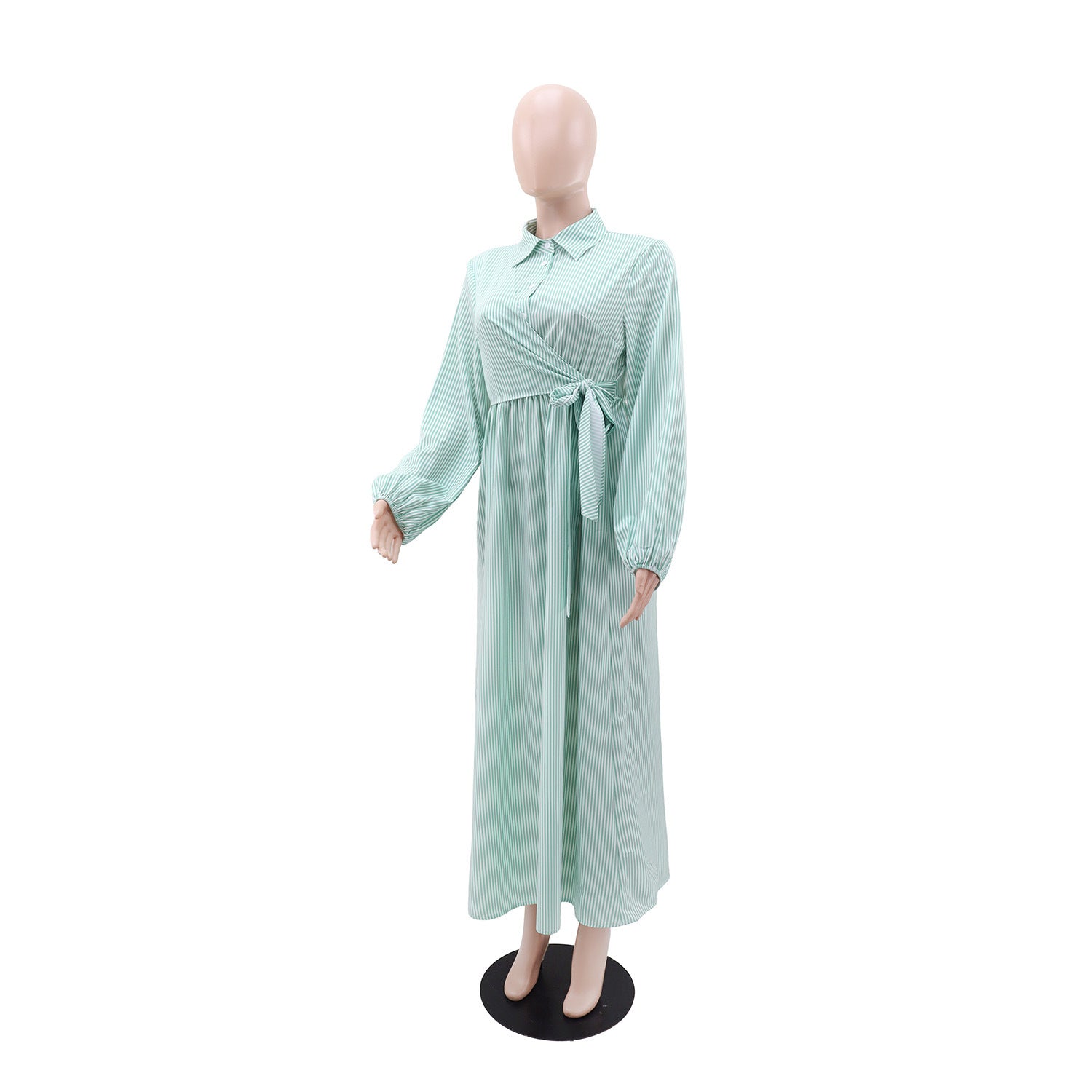 Women's Striped Long Sleeve Turndown Collar Elegant Casual Belted Long Dress 4